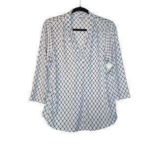 Charter Club Petite Lattice V-Neck Top Pleated White & Black Sz Petite Large NWT